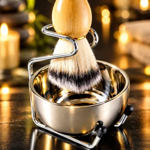 Kit de rasage 3 en 1 : blaireau, bol à savon et support inox – Lueur & Mousse