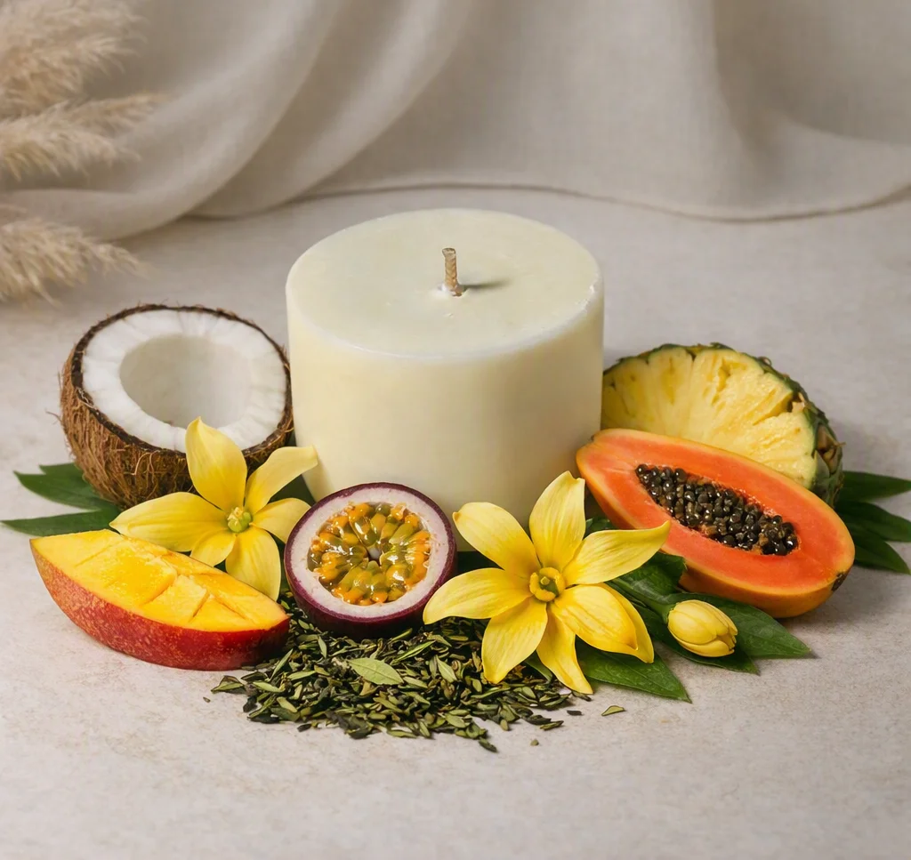 Bougie de recharge parfum lueur tropicale, famille gourmande et tropicale – Lueur & Mousse