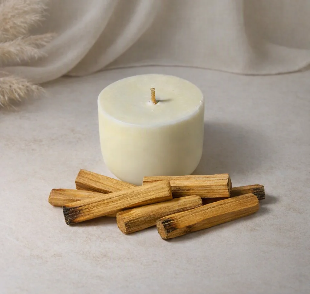 Bougie de recharge parfum palo santo, famille épicée et résineuse – Lueur & Mousse
