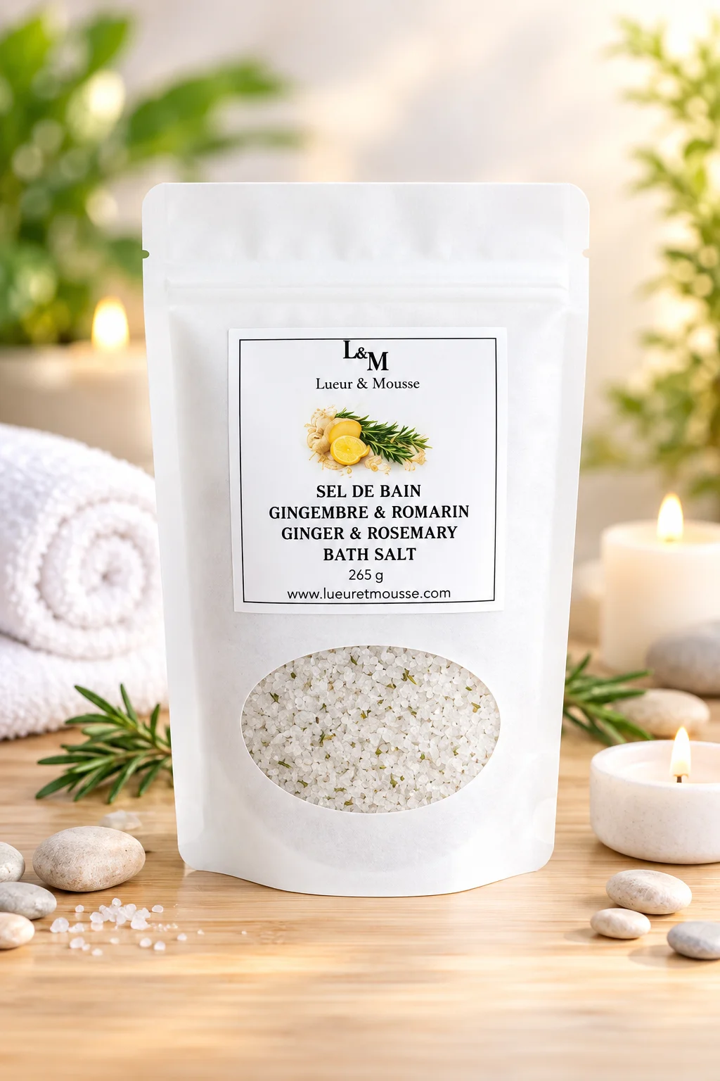 Sels de bain naturels romarin et gingembre – Lueur & Mousse