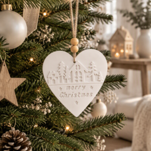 Galet aromatique cœur de Noël en gypse avec perle en bois