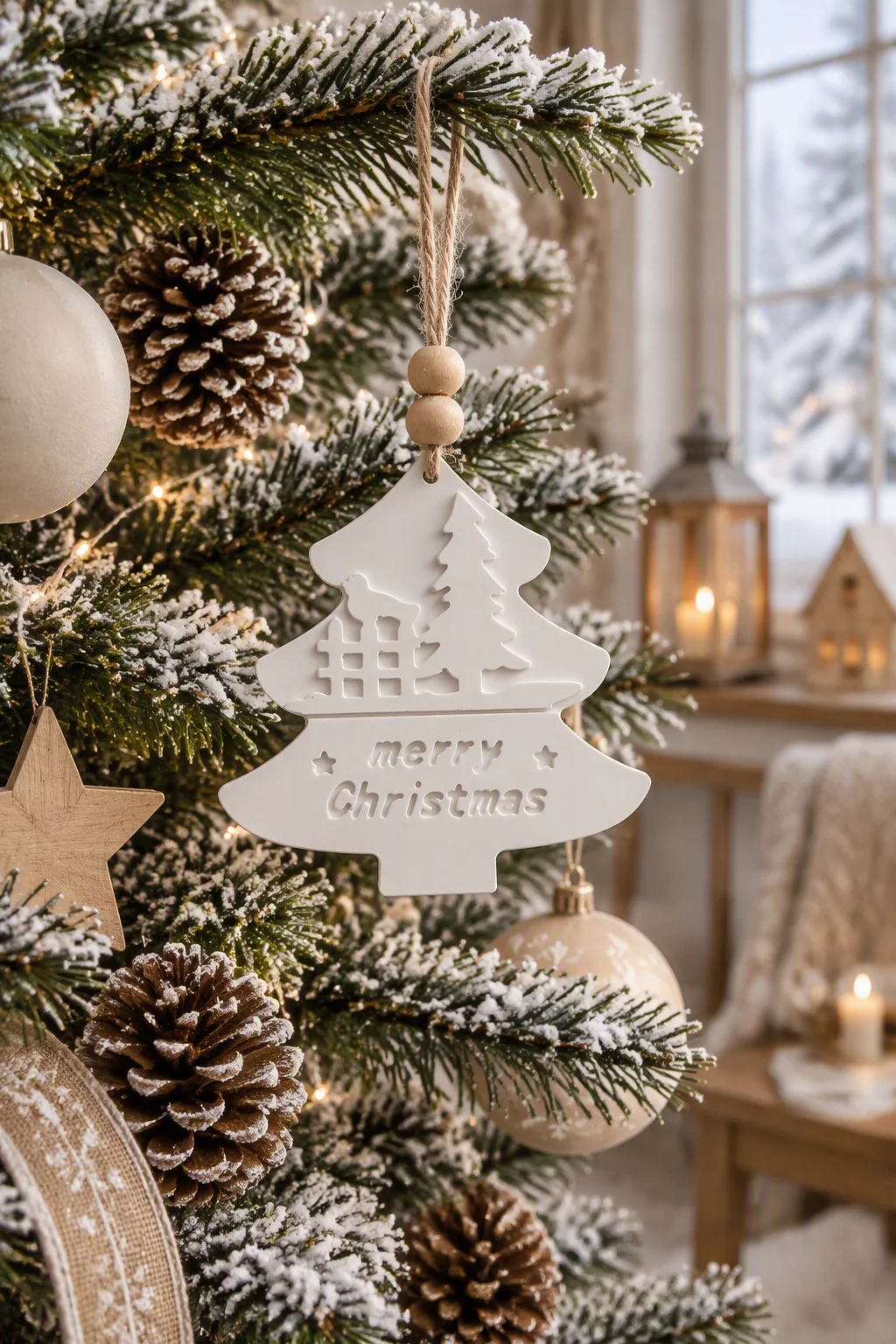 Galet aromatique sapin de Noël en gypse avec perle en bois